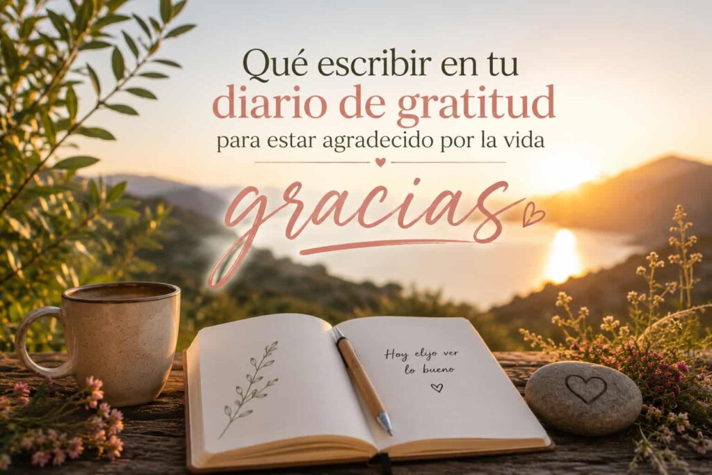 Imagen de un diario de gratitud en plena naturaleza, el cuaderno abierto, una taza cerca y un paisaje al atardecer, inspirando a escribir sobre la gratitud