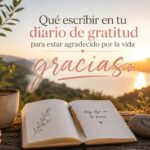Imagen de un diario de gratitud en plena naturaleza, el cuaderno abierto, una taza cerca y un paisaje al atardecer, inspirando a escribir sobre la gratitud