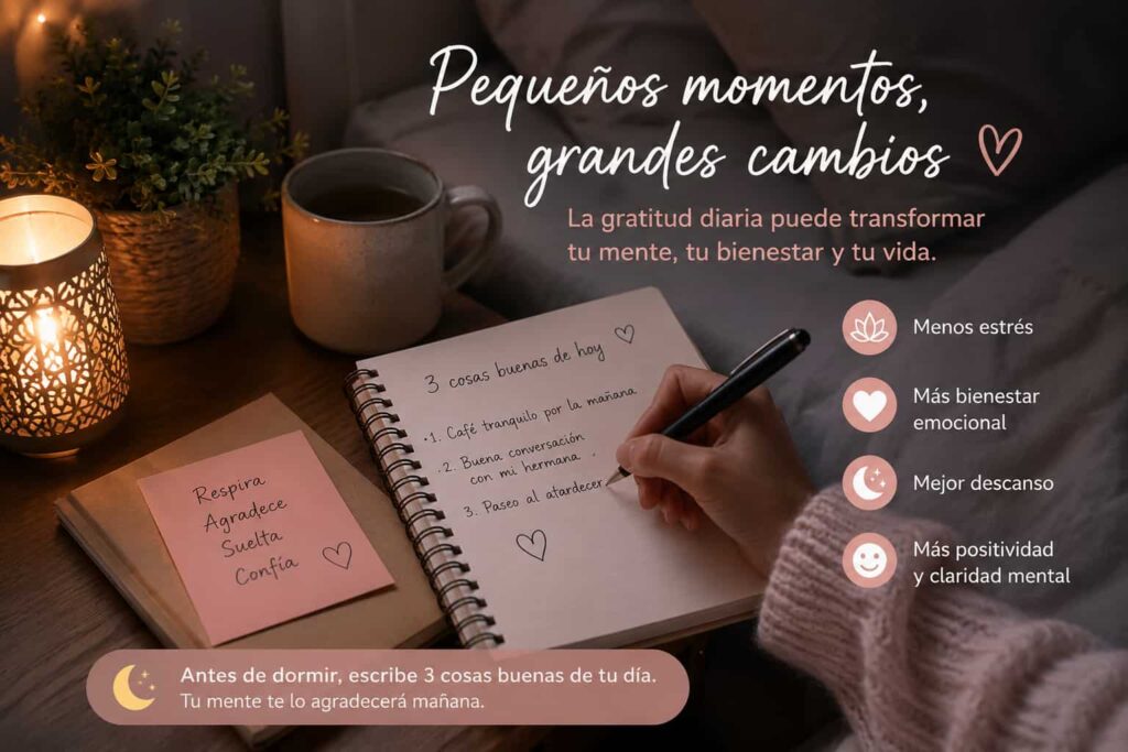 Cómo practicar la gratitud antes de dormir para reducir el estrés y mejorar tu bienestar emocional. afirmaciones positivas