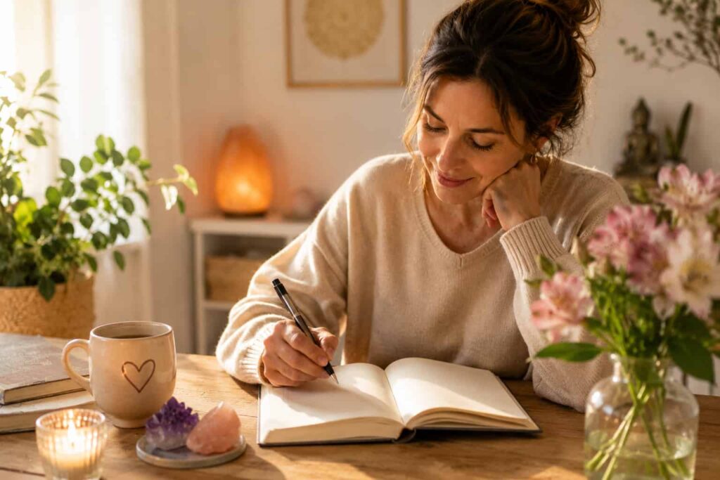 Mujer escribiendo el diario de gratitud llena de agradecimiento y esperanza.