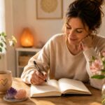 Mujer escribiendo el diario de gratitud llena de agradecimiento y esperanza.