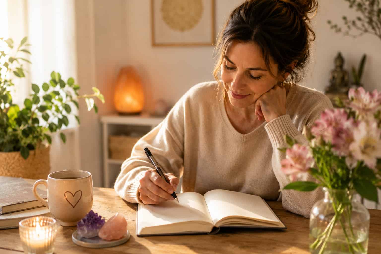 Mujer escribiendo el diario de gratitud llena de agradecimiento y esperanza.