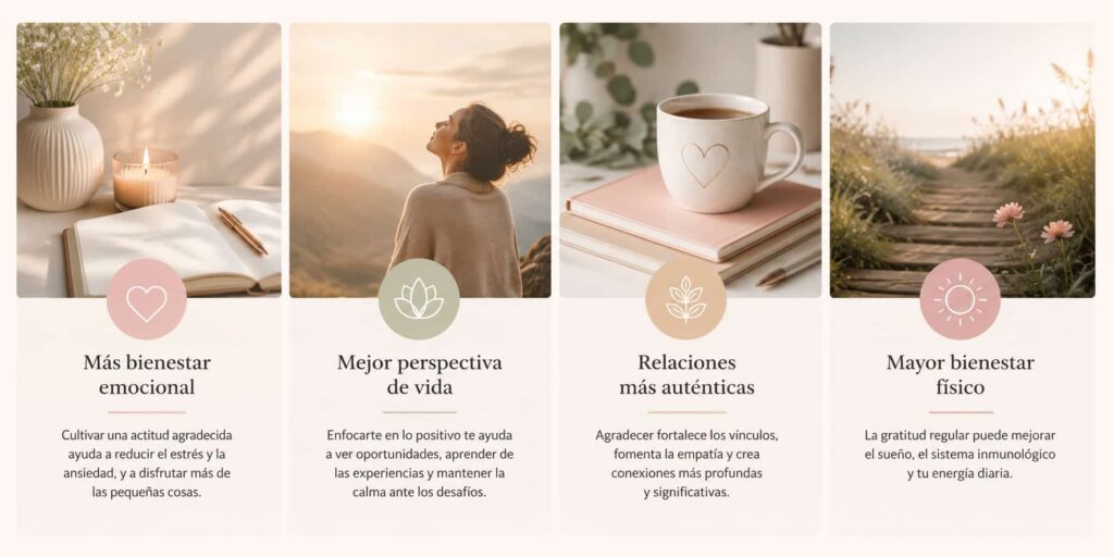 Ilustración dividida en cuatro paneles que representan cómo una actitud agradecida favorece el bienestar emocional, mejor perspectiva de vida, relaciones más auténticas y mayor bienestar físico. 