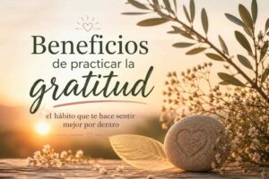 Piedra con un corazón grabado entre flores y hojas al amanecer, representando la gratitud, la calma y el bienestar.