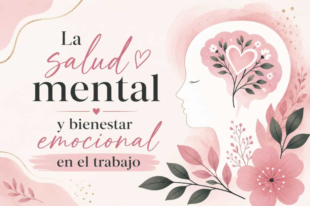 La salud mental y bienestar emocional en el trabajo con ilustración femenina en tonos pastel y elementos florales.