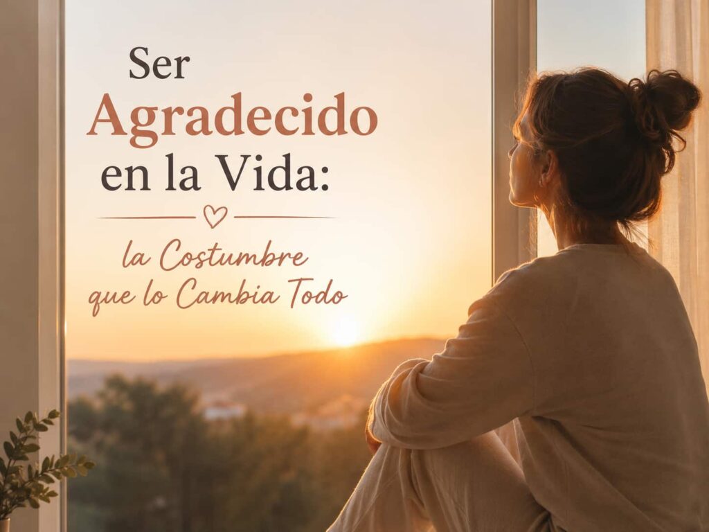 Mujer sentada cerca de la ventana, contempla viendo el amanecer. La portada contiene el título: ser agradecido en la vida, la costumbre que lo cambia todo.