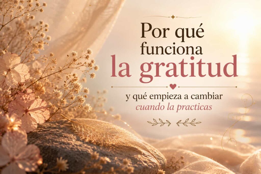 Imagen sobre por qué funciona la gratitud, con flores delicadas, luz dorada y un ambiente sereno que transmite bienestar y esperanza.